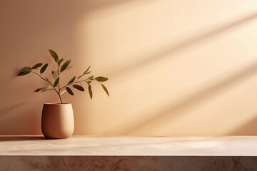 Minimalist terracotta background. Monochrome empty table with cooper vase. Wall scene mockup product for showcase. Promotion background.