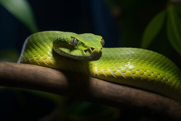 Fototapeta premium Illustration of a green snake perched on a branch in a natural setting, created using generative AI