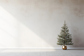 Minimalist Christmas tree near grey textured wall. Monochrome empty living room Wall scene mockup. Promotion background.