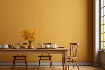 Monochrome mustard yellow kitchen interior with wood table in rustic style. Big windows with day light. Textured empty wall for mockup.
