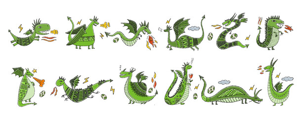 Collection of 12 Dragon characters isolated on white. Symbol of Chinese New Year 2024. Icons set for your design