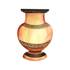 Ancient Greek ceramic vase. Ancient jug from Greece. Old clay amphora, pot, urn or jar for wine and olive oil. vintage ceramic icon isolated. Hand drawn watercolor illustration. Isolate.