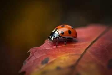 Fototapeta premium Illustration of a ladybug perched on a vibrant red leaf, created using generative AI