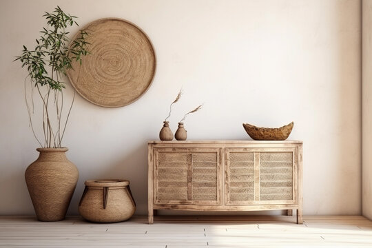 Empty White Wall Mockup In Boho Entryway Interior With Wicker Home Decor And Stand. Natural Daylight From A Window. Promotion Background.