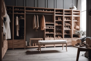 Modern dressing room interior with rack of stylish shoes and women's clothes