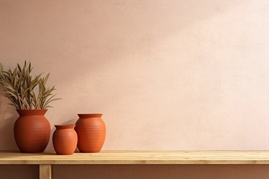 Empty tabletop with clay terracotta tableware and copy space. Kitchen minimalist interior with wood table. Beige empty wall background.