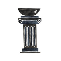 Ancient Greek column with a bowl. Element of Ancient Greece. Hand painted watercolor illustration. Isolate. For the design of banners, packaging and labels. For postcards, prints and textiles.