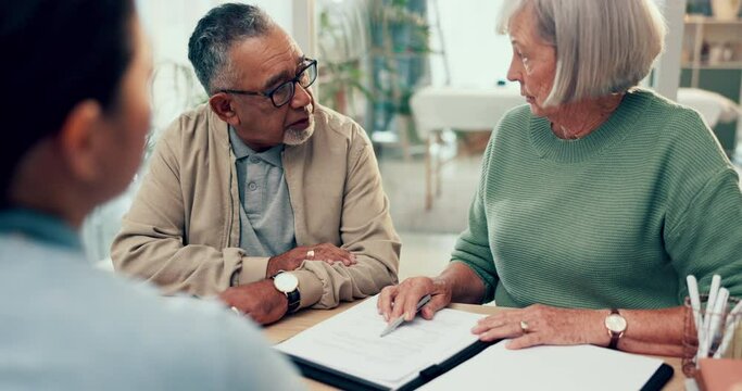 Listening, lawyer or old couple with contract or documents for life insurance papers or compliance. Planning, advisor or married elderly clients signing paperwork, legal form or title deed agreement