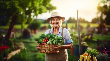 Elderly senior woman gardener with a basket of fresh vegetables in the backyard, Autumn harvest concept