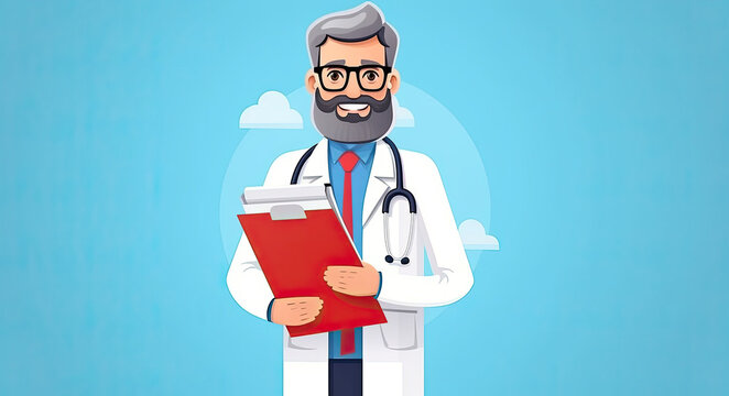 doctor holding medical record, 3D, flat, cartoon,copy space for text generative ai