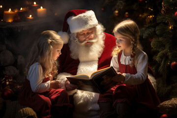 Santa Claus reading to children, Christmas illustration