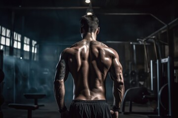 Fototapeta na wymiar Strong man back in gym, generative AI