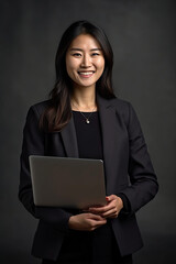 A beautiful smiling asian saleswoman , with arms folded , Holding MacBook，a dark blue suit, a smile on her face, light gray background