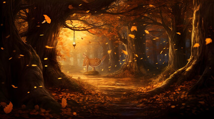 enchanting autumn forest, fairytale creatures. big tree , leaves,