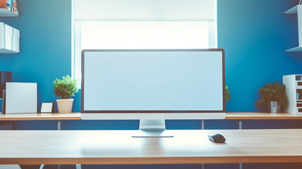 A white monitor screen in office cartoon image. Generative AI.