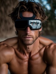Portrait of Attractive cool sporty Young man with beard using virtual reality headset