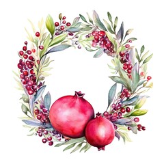 Pomegranate fruit wreath, watercolor illustration, on white background. Generative AI