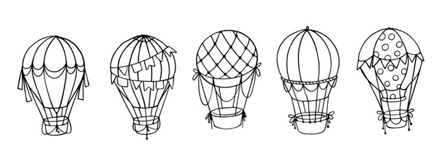 Set of linear sketches of air balloons, aerostats.Vector graphics.