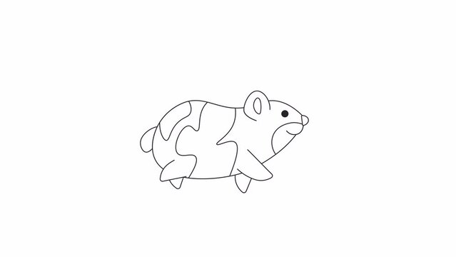 Running dwarf hamster bw 2D character animation. Small adorable pet walking outline cartoon 4K video, alpha channel. Syrian hamster. Rodent cute in rush animated animal isolated on white background