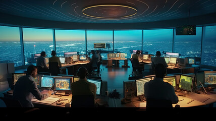 Diverse Air Traffic Control Team Working in a Modern Airport Tower. Office Room is Full of Desktop Computer Displays with Navigation Screens, Airplane Departure and Arrival Data for Controllers.