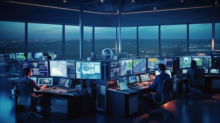 Diverse Air Traffic Control Team Working in a Modern Airport Tower. Office Room is Full of Desktop Computer Displays with Navigation Screens, Airplane Departure and Arrival Data for Controllers. - obrazy, fototapety, plakaty