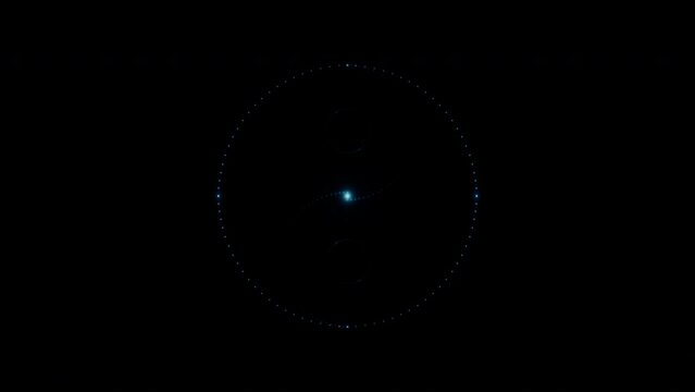 The Yin-Yang symbol, isolated on a black background and smoothly looming from many neon dots glowing blue. 4k loop video animation 60 fps.