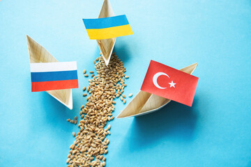 Ukrainian  grain wheat, Turkey and Russia flags background. Grain deal and problem of blockade of...