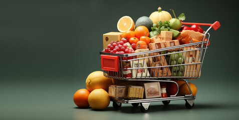 Grocery cart with a bunch of different products isolated on a flat background with copy space. A lot of products, grocery supermarket concept. 3d render illustration style. 