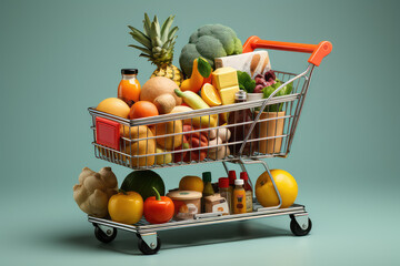 Grocery cart with a bunch of different products isolated on a flat background with copy space. A lot of products, grocery supermarket concept. 3d render illustration style. 