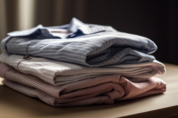 Fototapeta na wymiar Close up of ironed and folded shirts on table