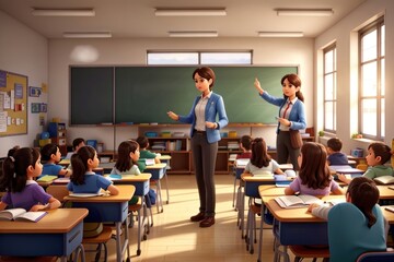Female teacher giving a presentation in the classroom. Back to school concept.