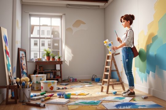 Beautiful young woman painting a wall.
