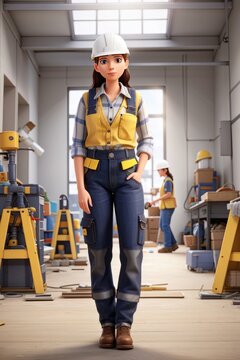 Portrait of a young female construction worker standing in the workshop.