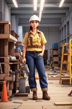 Portrait of a female construction worker standing in the warehouse with tools
