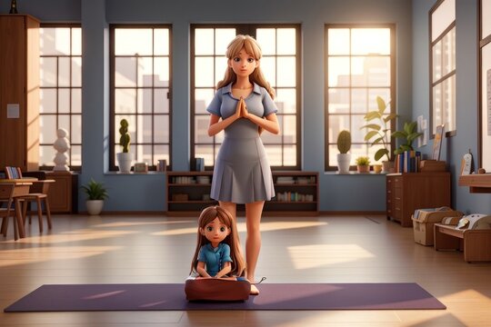 Young mother and her little daughter doing yoga exercises at home together.