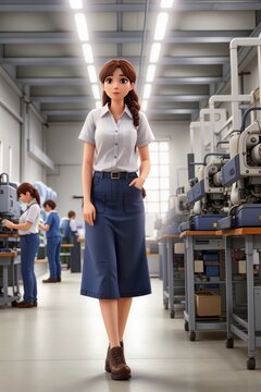 Portrait of a beautiful young woman in the factory. Industrial background