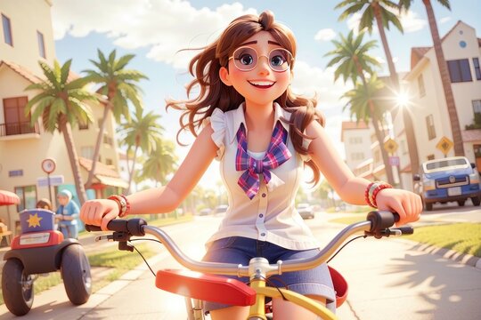 summer holidays, vacation, road trip and people concept - smiling young woman riding bicycle on city street