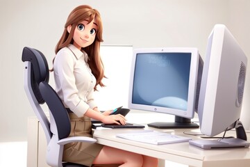 Beautiful young business woman sitting at her desk in front of the computer