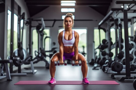 fitness, sport, training, gym and lifestyle concept - smiling young woman with dumbbells in gym