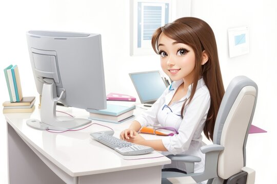 young female doctor working at the computer in the office. asian