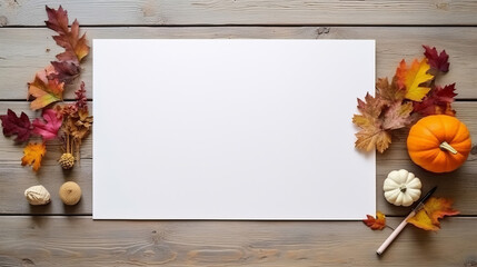 A blank paper surrounded by autumn leaves and acorns