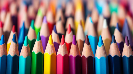 A colorful group of pencils arranged neatly - back to school multi-colored rainbow coloring pencils...
