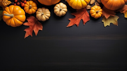 A festive autumn table filled with various types of pumpkins- Fall Leaves Decor - obrazy, fototapety, plakaty