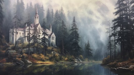Fototapeta premium gothic mountain monastery near the lake.