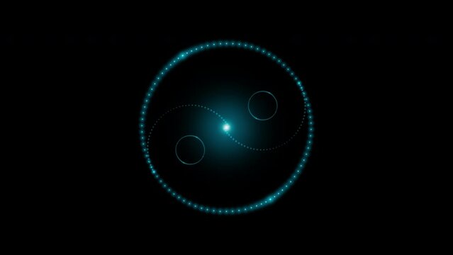 The Yin-Yang symbol, isolated on a black background, rotating  and smoothly looming from many neon dots glowing blue. 4k loop video animation 60 fps.