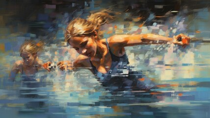 Images depict swimmers gliding through water with smooth strokes, capturing the elegance and serenity of the sport