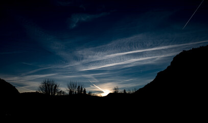 sky landscape with silhouette nature. dramatic sky background. sunny dark blue sky. sunset in the mountains