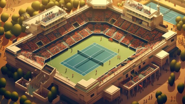 Illustrations showcase iconic tennis venues like Wimbledon or Roland Garros, capturing the prestige and history of major events