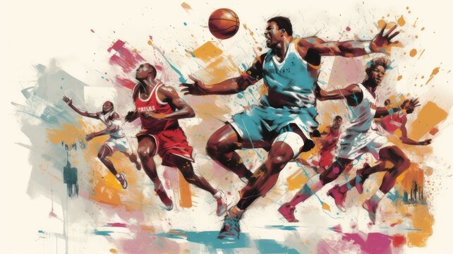 Images depict players dribbling, dunking, and shooting, showcasing the dynamic and high-energy nature of basketball