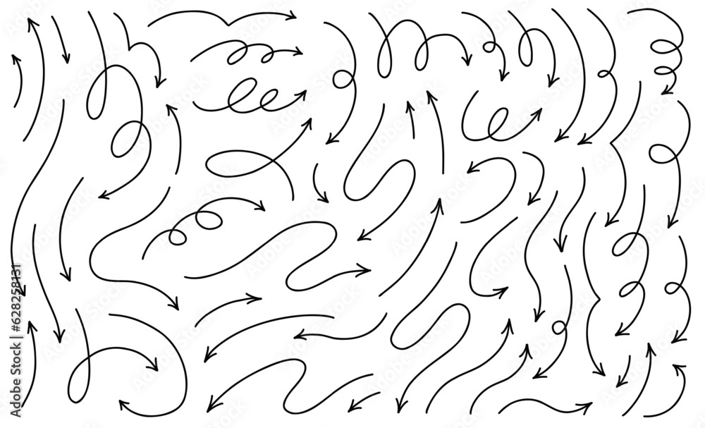 Wall mural hand drawn thin line arrows set. big collection of vector design elements isolated on white backgrou